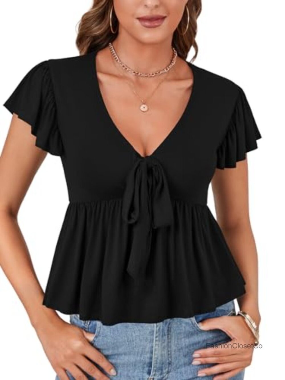 Women's Deep V Neck Tie Front Ruffle Hem Short Sleeve Peplum Blouse